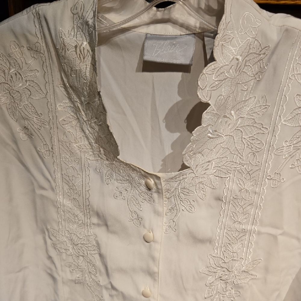 Blair~Embroidered Ivory Blouse with Scalloped Collar